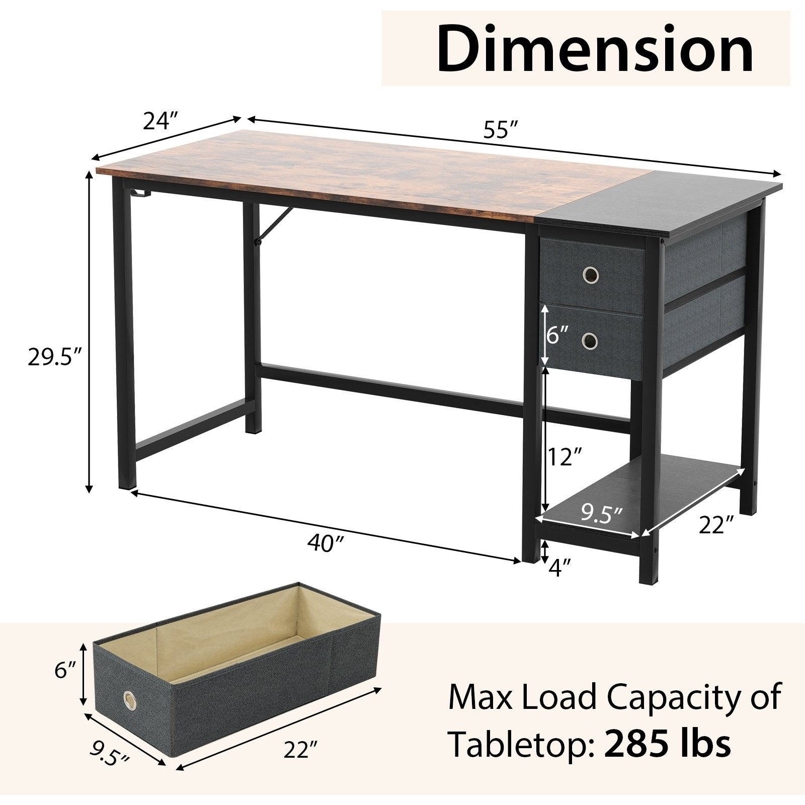 48/55-Inch Home Office Desk with 2 Drawers Hanging Hook-55 Inch, Brown Computer Desks   at Gallery Canada