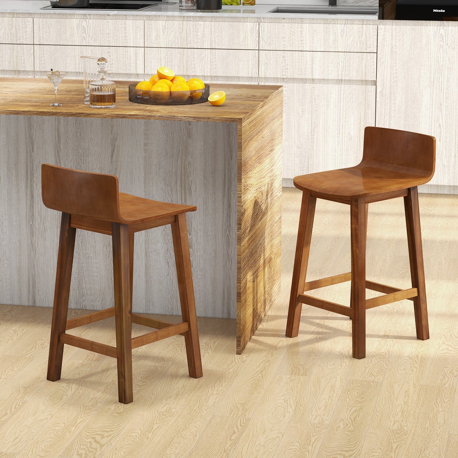 Wood Bar Stools Set of 2 with Solid Back and Seat, Brown Bar Stools at Gallery Canada