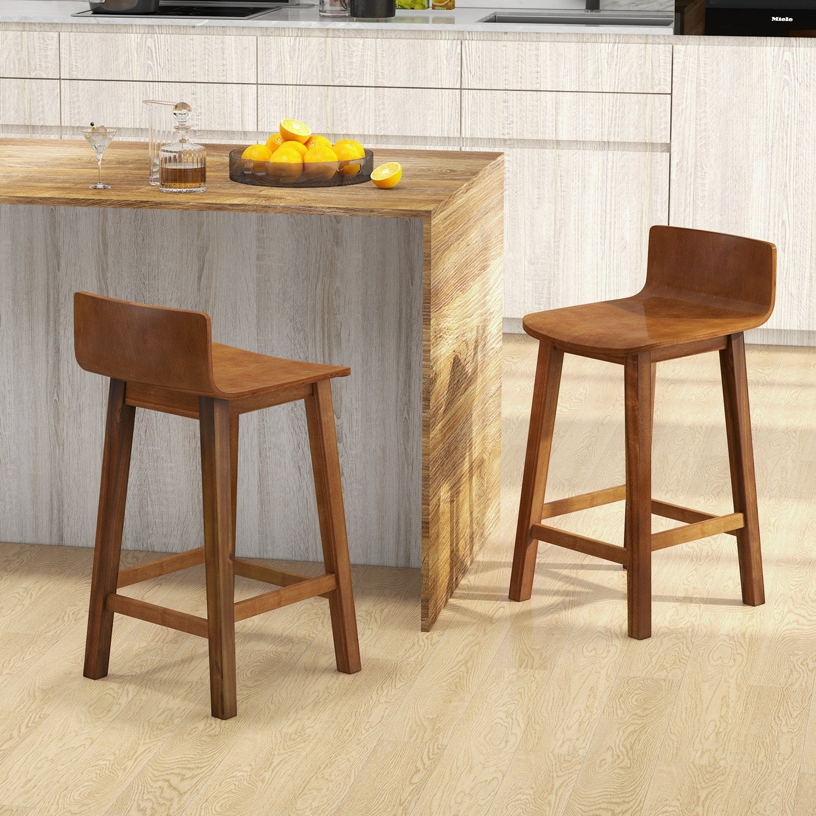 Wood Bar Stools Set of 2 with Solid Back and Seat, Brown Bar Stools   at Gallery Canada