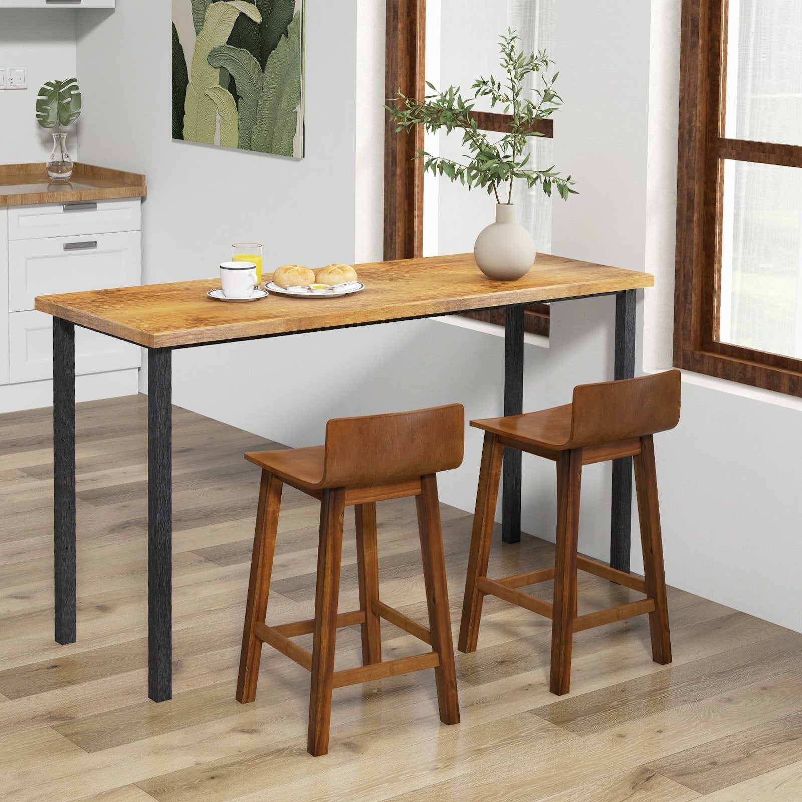 Wood Bar Stools Set of 2 with Solid Back and Seat, Brown Bar Stools   at Gallery Canada