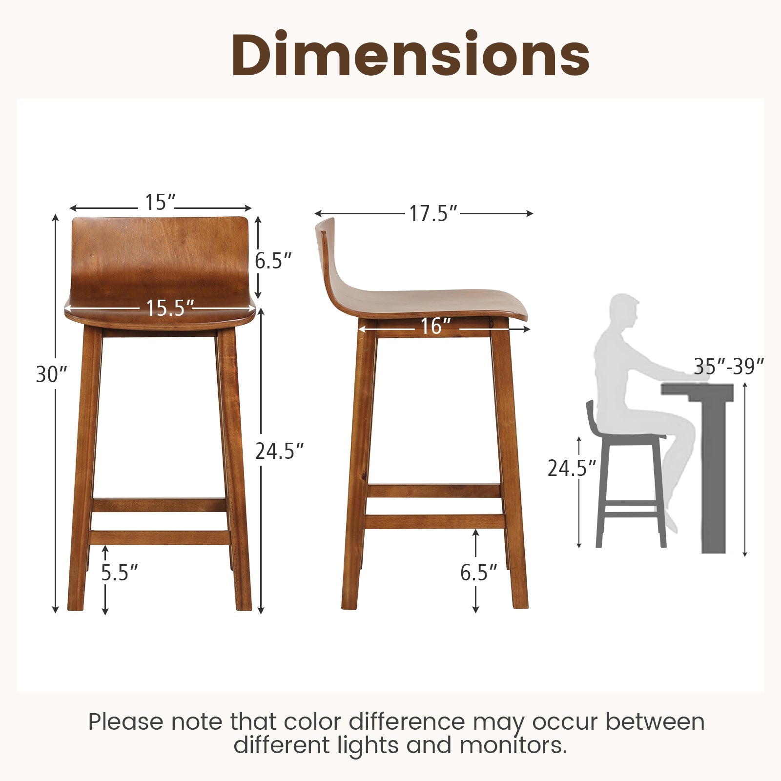 Wood Bar Stools Set of 2 with Solid Back and Seat, Brown Bar Stools at Gallery Canada