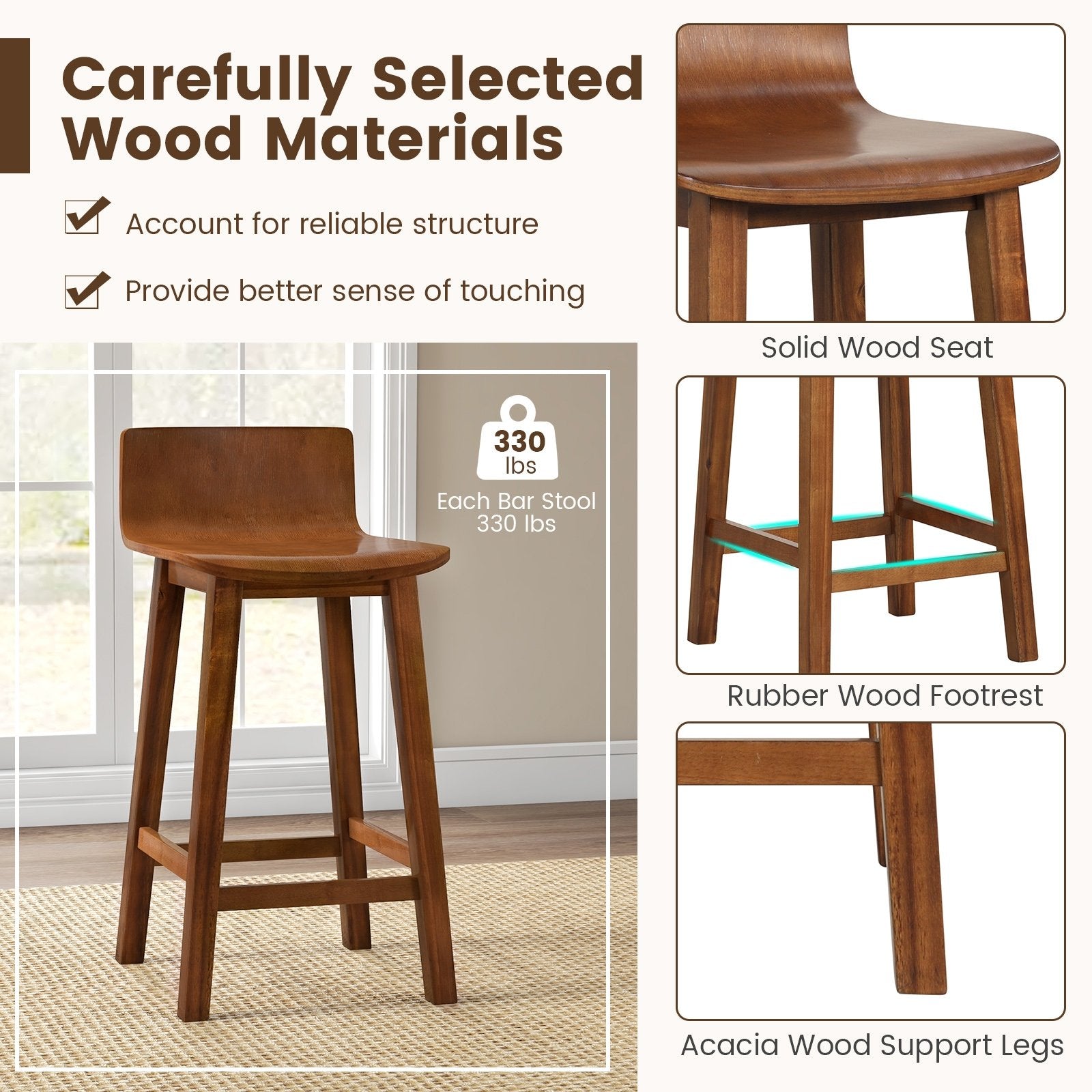 Wood Bar Stools Set of 2 with Solid Back and Seat, Brown Bar Stools   at Gallery Canada