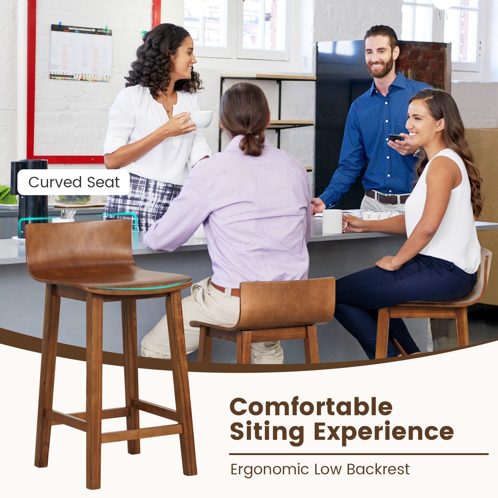 Wood Bar Stools Set of 2 with Solid Back and Seat, Brown Bar Stools at Gallery Canada