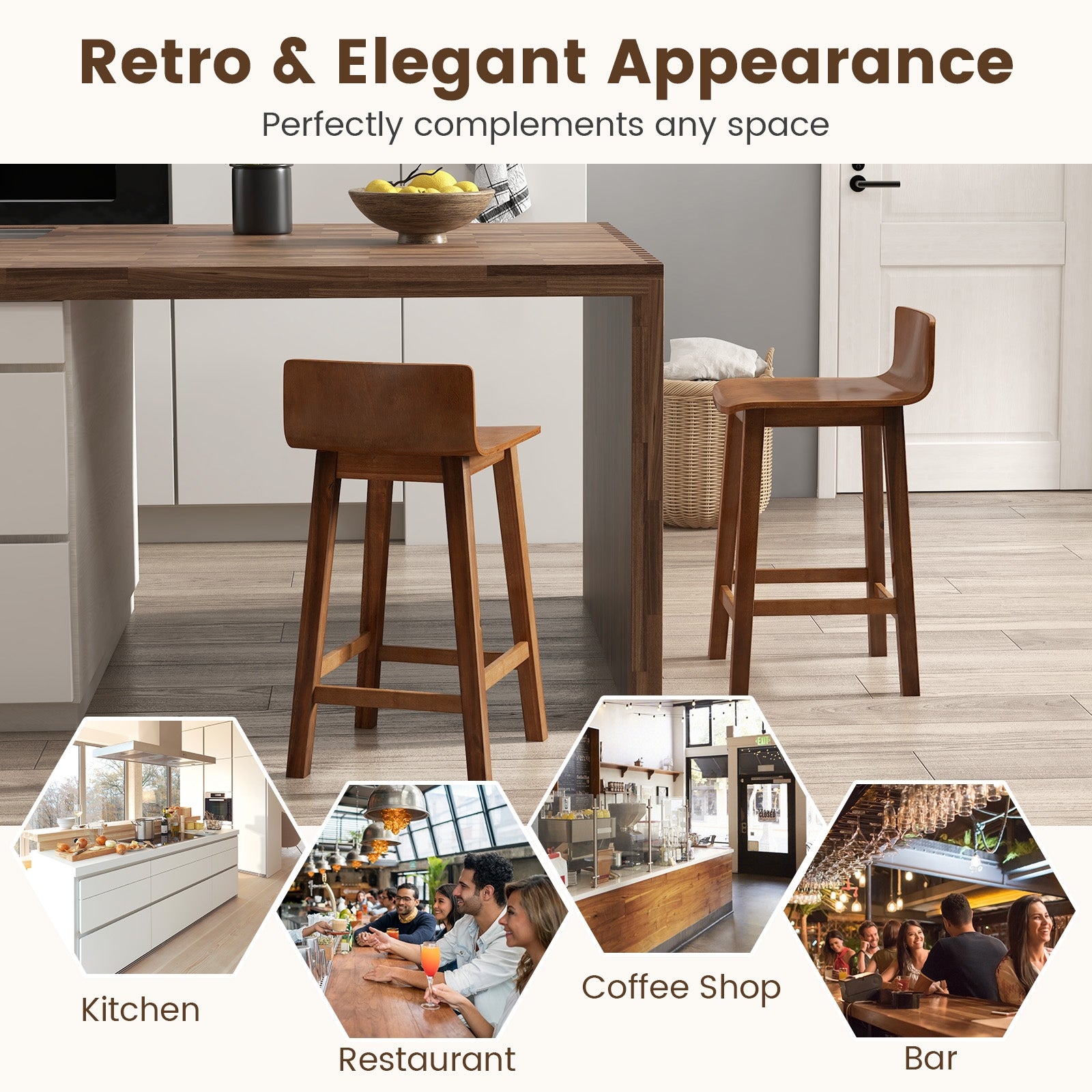Wood Bar Stools Set of 2 with Solid Back and Seat, Brown Bar Stools at Gallery Canada