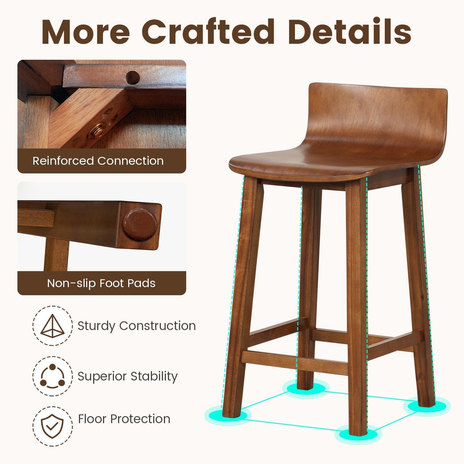 Wood Bar Stools Set of 2 with Solid Back and Seat, Brown Bar Stools   at Gallery Canada