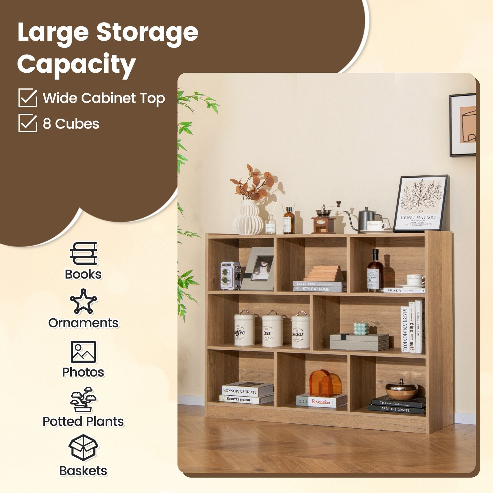 3-Tier Open Bookcase 8-Cube Floor Standing Storage Shelves, Natural Bookcases   at Gallery Canada