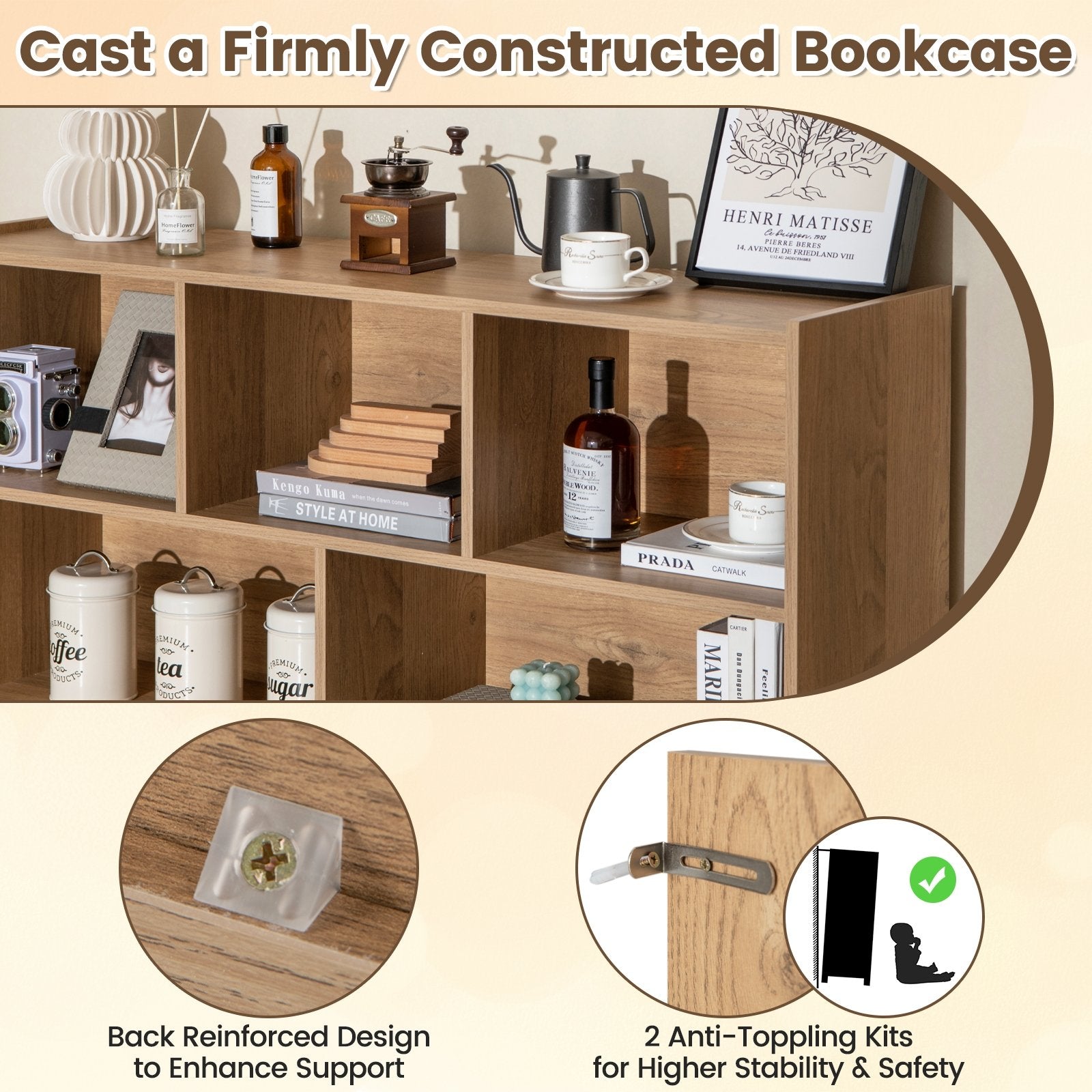 3-Tier Open Bookcase 8-Cube Floor Standing Storage Shelves, Natural Bookcases   at Gallery Canada