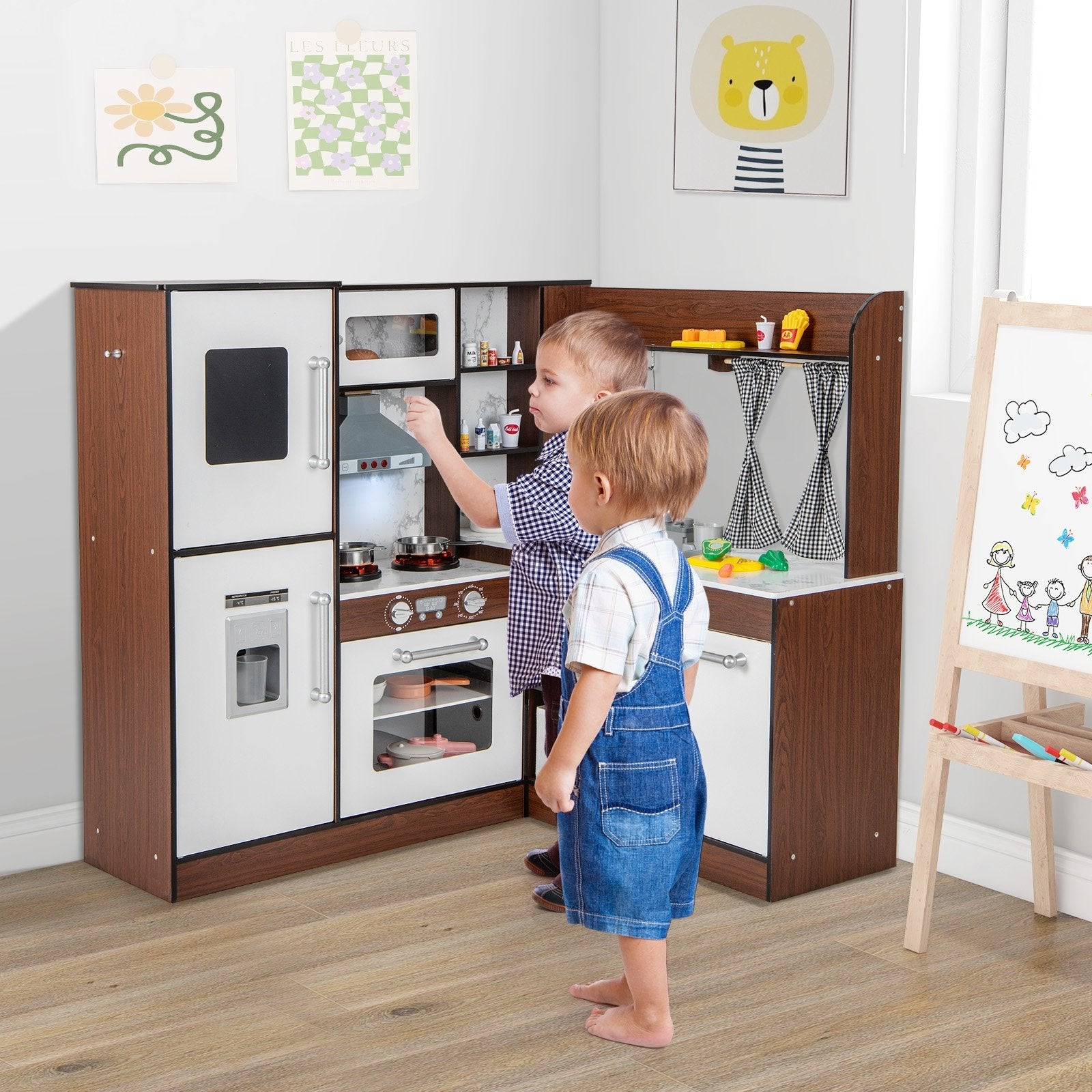 Wooden Corner Play Kitchen with Water Circulation System and Lights, Brown Play Kitchen Sets   at Gallery Canada