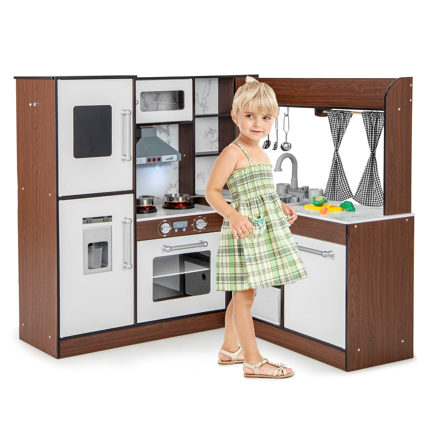 Wooden Corner Play Kitchen with Water Circulation System and Lights, Brown Play Kitchen Sets   at Gallery Canada