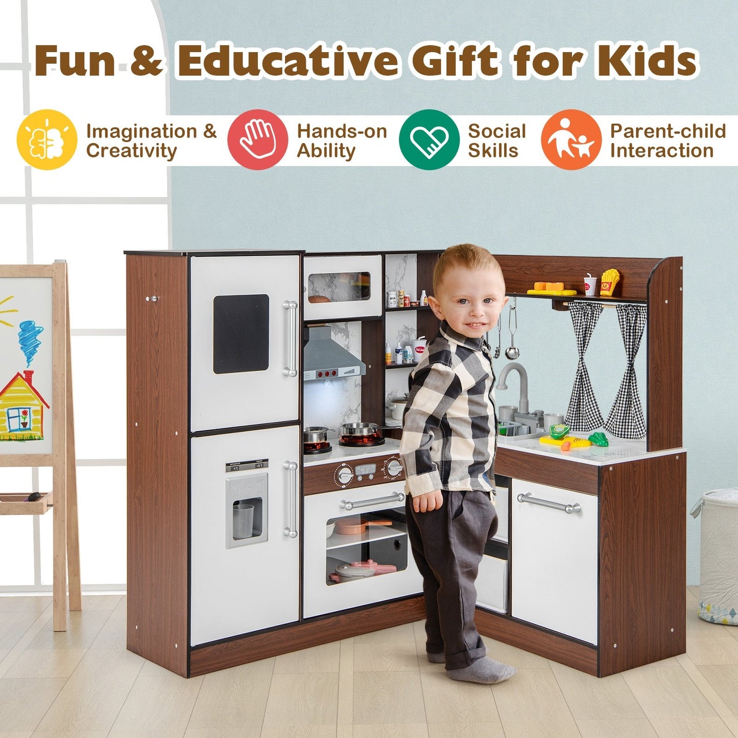 Wooden Corner Play Kitchen with Water Circulation System and Lights, Brown Play Kitchen Sets   at Gallery Canada