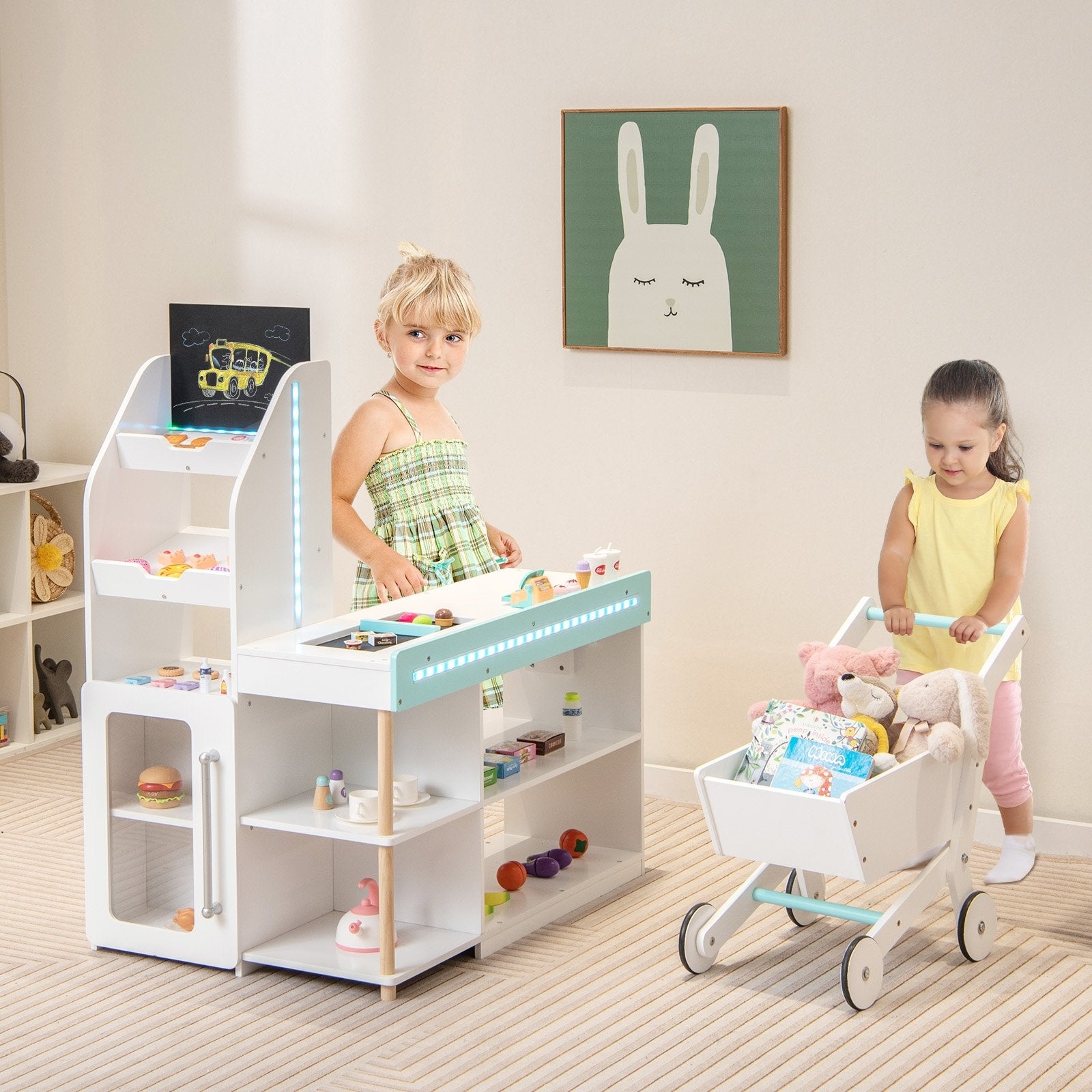 Wooden Kids Supermarket Playset with Cash Register and Shopping Cart, White Pretend Toys   at Gallery Canada