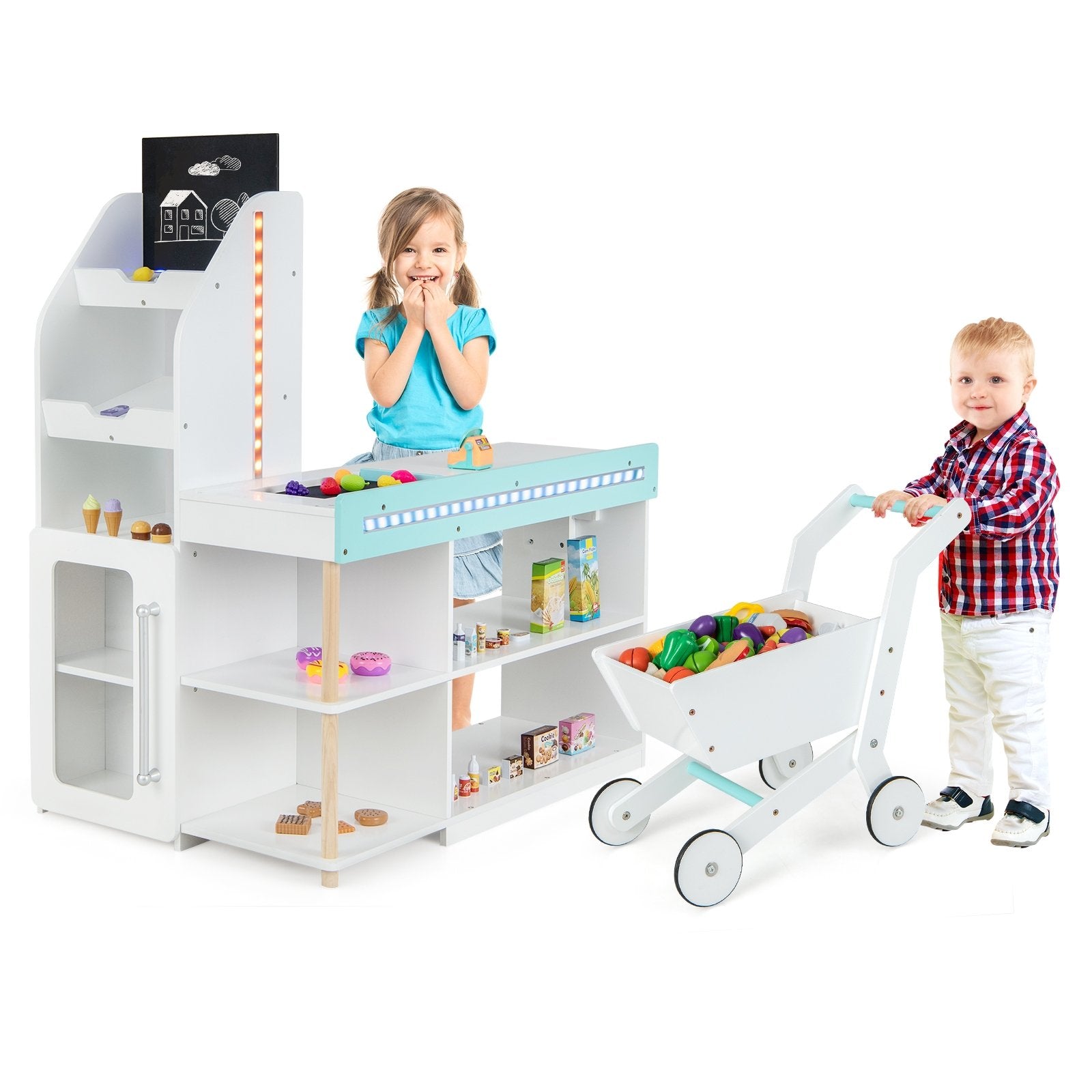 Wooden Kids Supermarket Playset with Cash Register and Shopping Cart, White Pretend Toys   at Gallery Canada