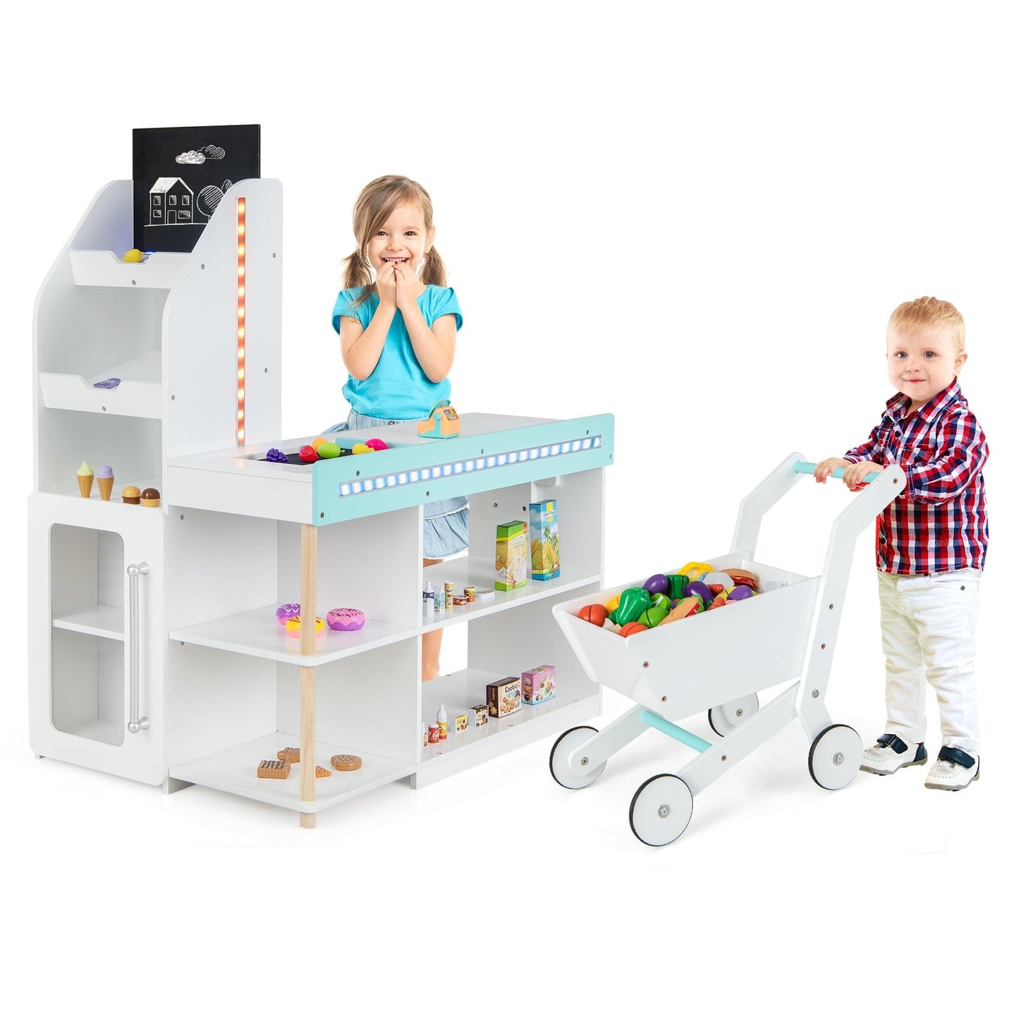 Wooden Kids Supermarket Playset with Cash Register and Shopping Cart, White Pretend Toys   at Gallery Canada