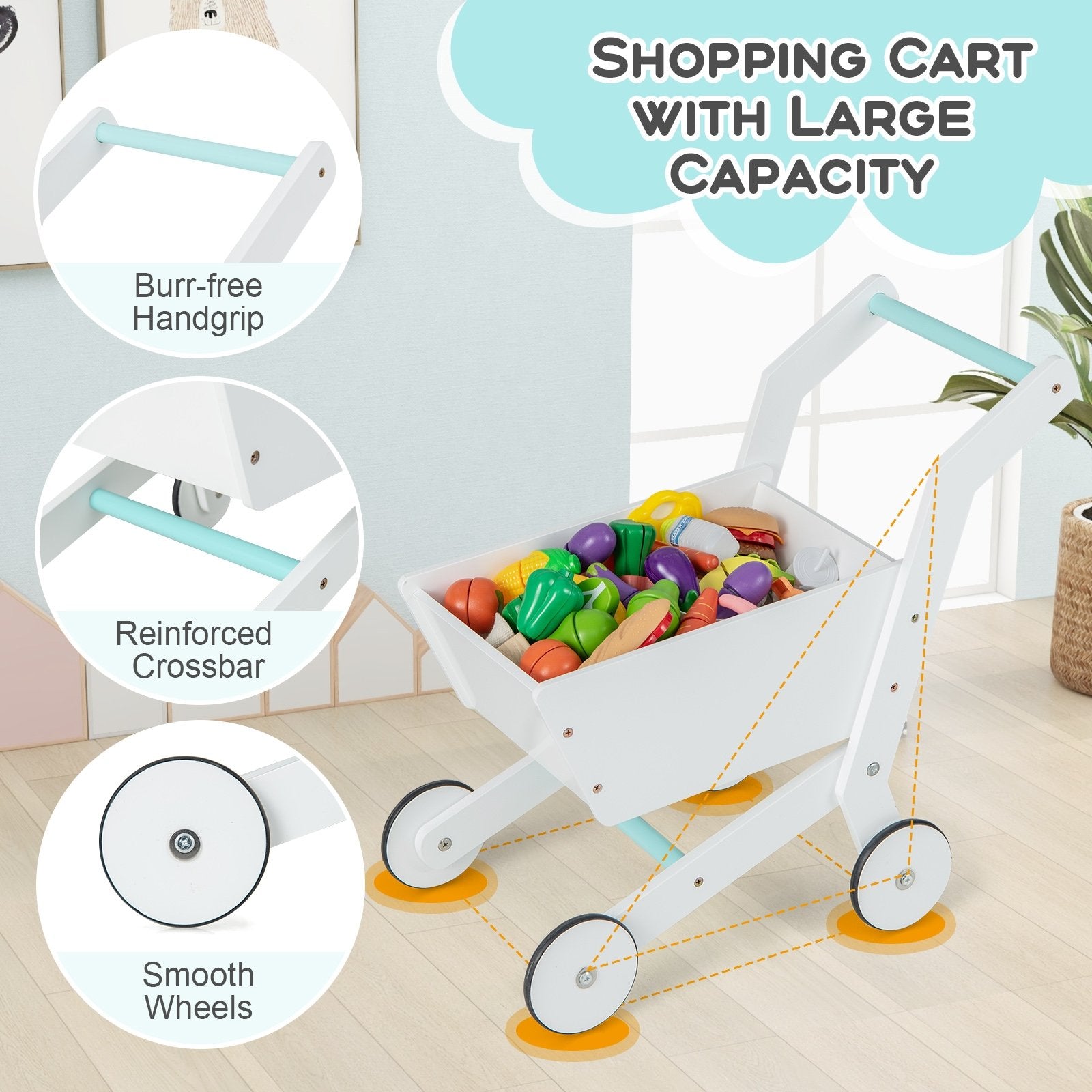 Wooden Kids Supermarket Playset with Cash Register and Shopping Cart, White Pretend Toys   at Gallery Canada