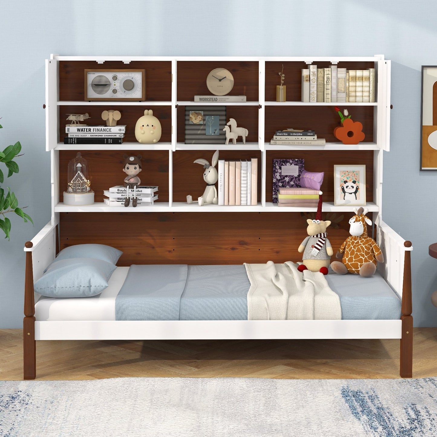 Twin Bed with Bookcase with Shelves and  Wooden Slat Support No Box Spring Needed for Living Room Bedroom, White Simple Bed Frame   at Gallery Canada