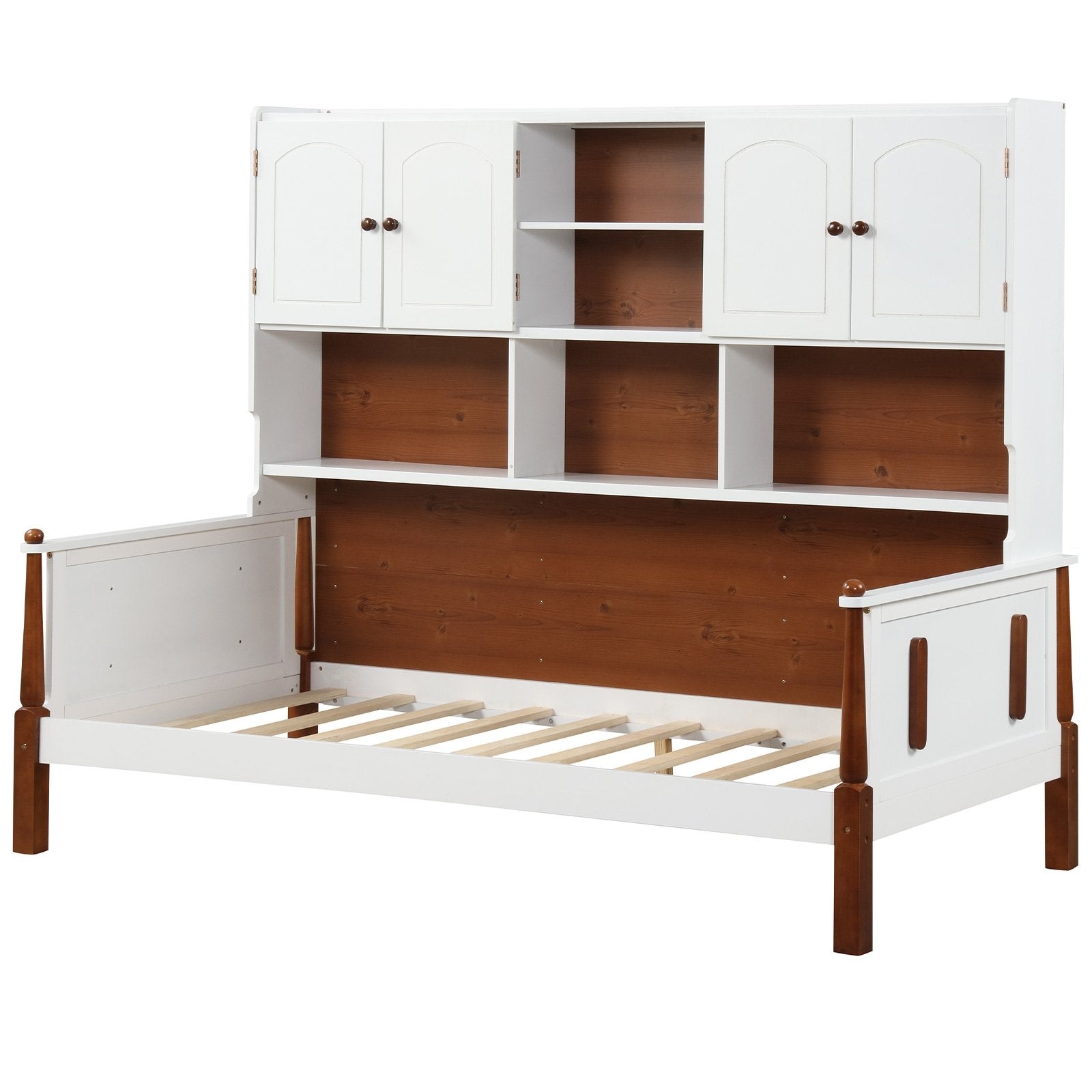 Twin Bed with Bookcase with Shelves and  Wooden Slat Support No Box Spring Needed for Living Room Bedroom, White Simple Bed Frame   at Gallery Canada