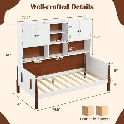 Twin Bed with Bookcase with Shelves and  Wooden Slat Support No Box Spring Needed for Living Room Bedroom, White Simple Bed Frame   at Gallery Canada