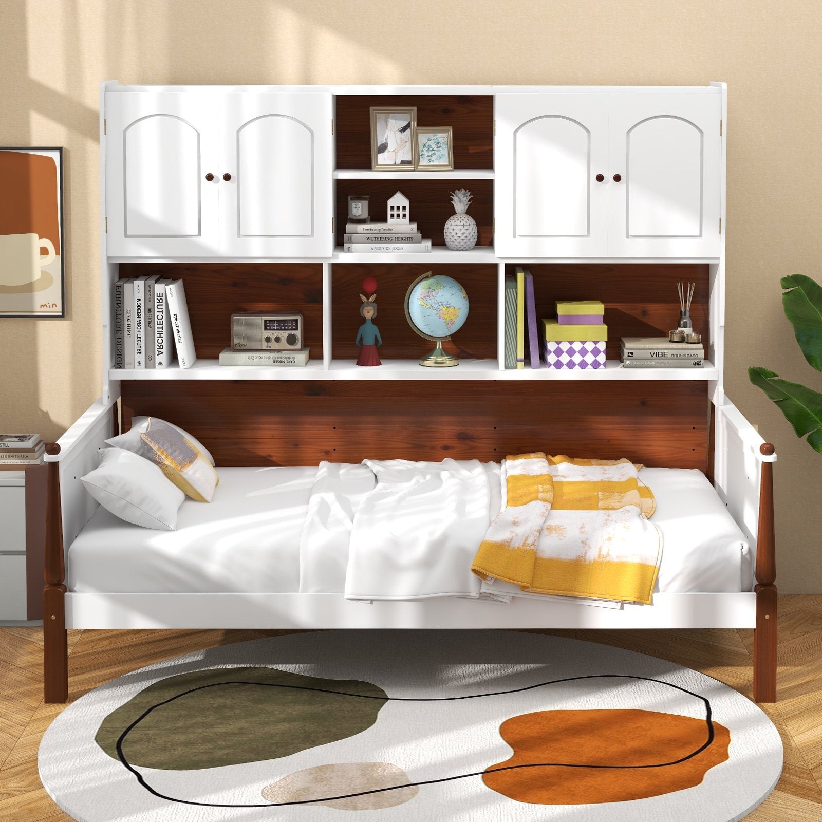 Twin Bed with Bookcase with Shelves and  Wooden Slat Support No Box Spring Needed for Living Room Bedroom, White Simple Bed Frame   at Gallery Canada