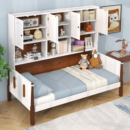 Twin Bed with Bookcase with Shelves and  Wooden Slat Support No Box Spring Needed for Living Room Bedroom, White Simple Bed Frame   at Gallery Canada