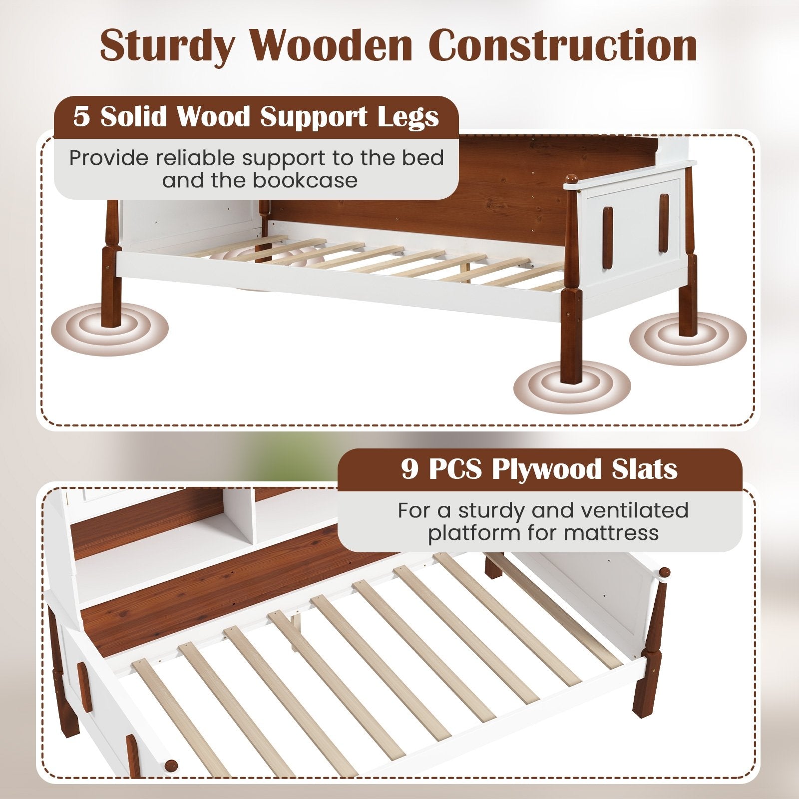 Twin Bed with Bookcase with Shelves and  Wooden Slat Support No Box Spring Needed for Living Room Bedroom, White Simple Bed Frame   at Gallery Canada