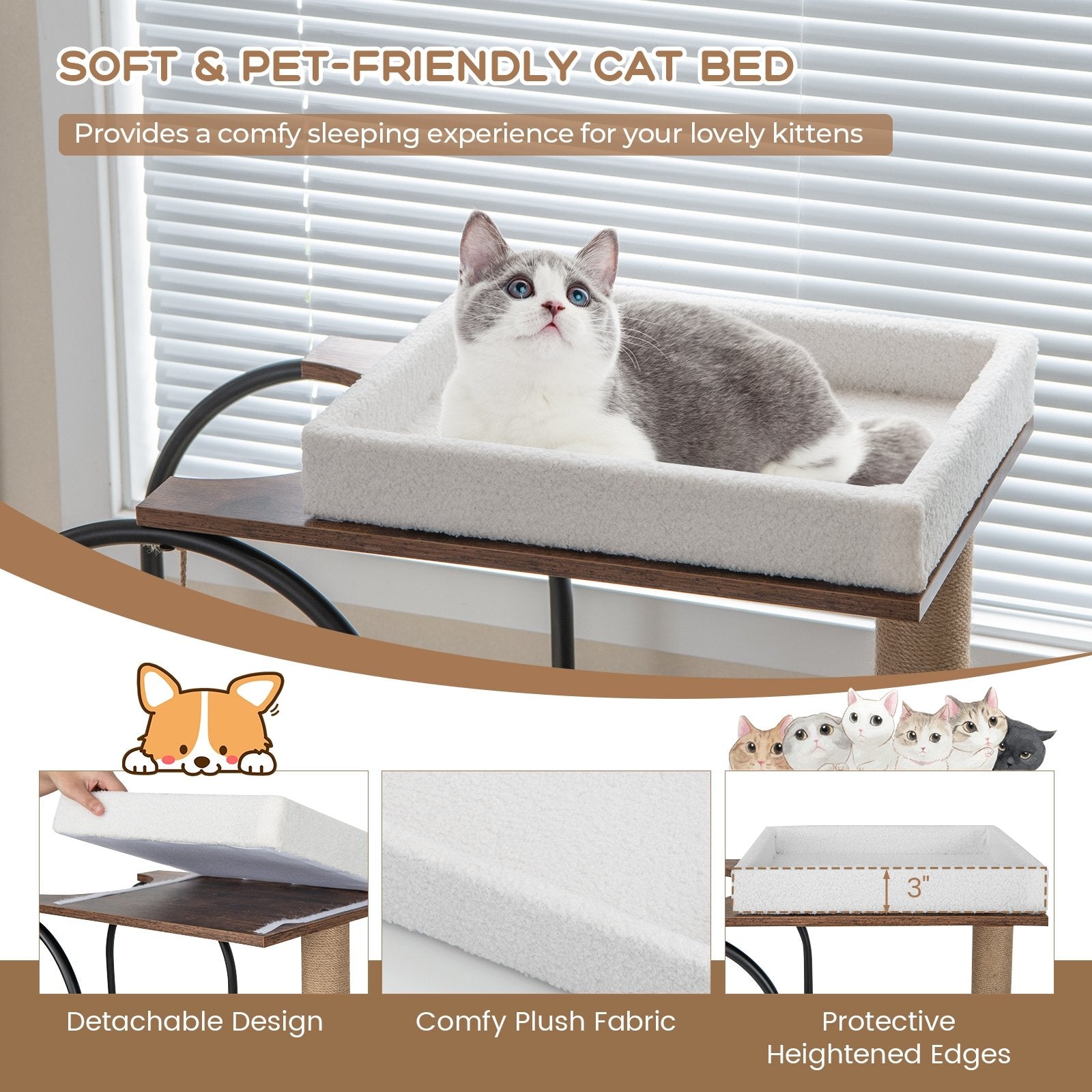 47 Inch Tall Cat Tree Tower Top Perch Cat Bed with Metal Frame, White Cat Trees Condos & Scratchers   at Gallery Canada