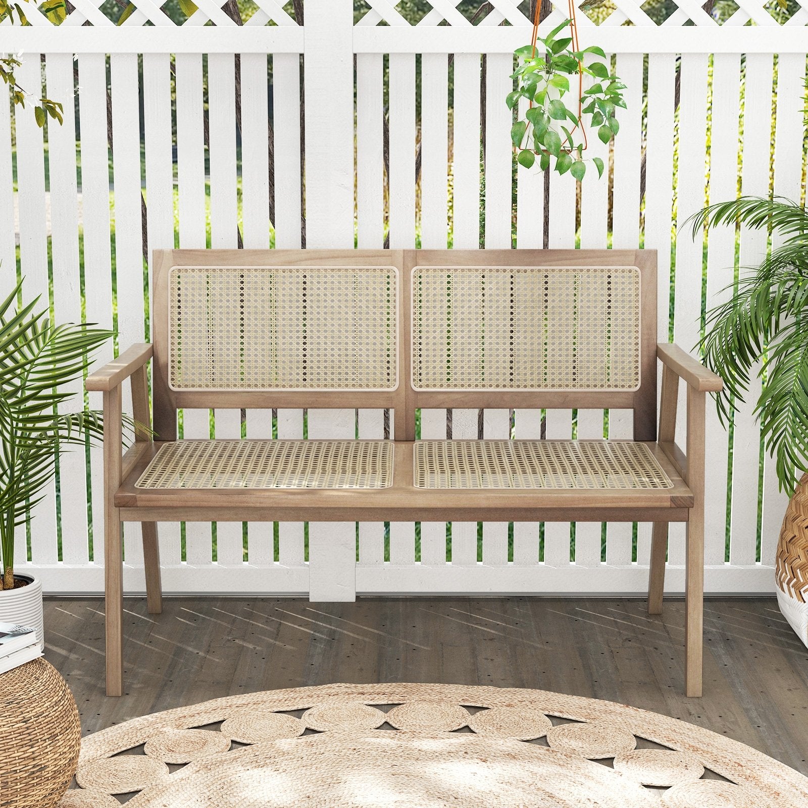 Indonesia Teak Wood Garden Bench with Armrests and Natural Rattan Backrest, Natural Outdoor Benches   at Gallery Canada