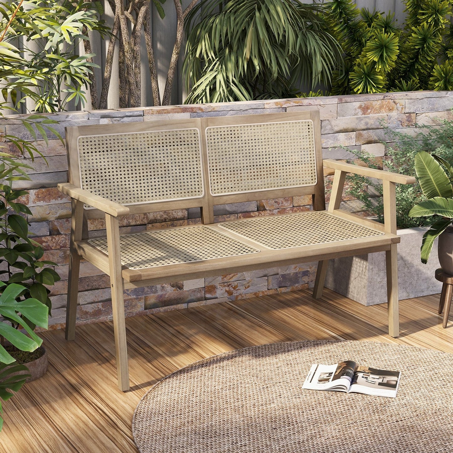 Indonesia Teak Wood Garden Bench with Armrests and Natural Rattan Backrest, Natural Outdoor Benches   at Gallery Canada