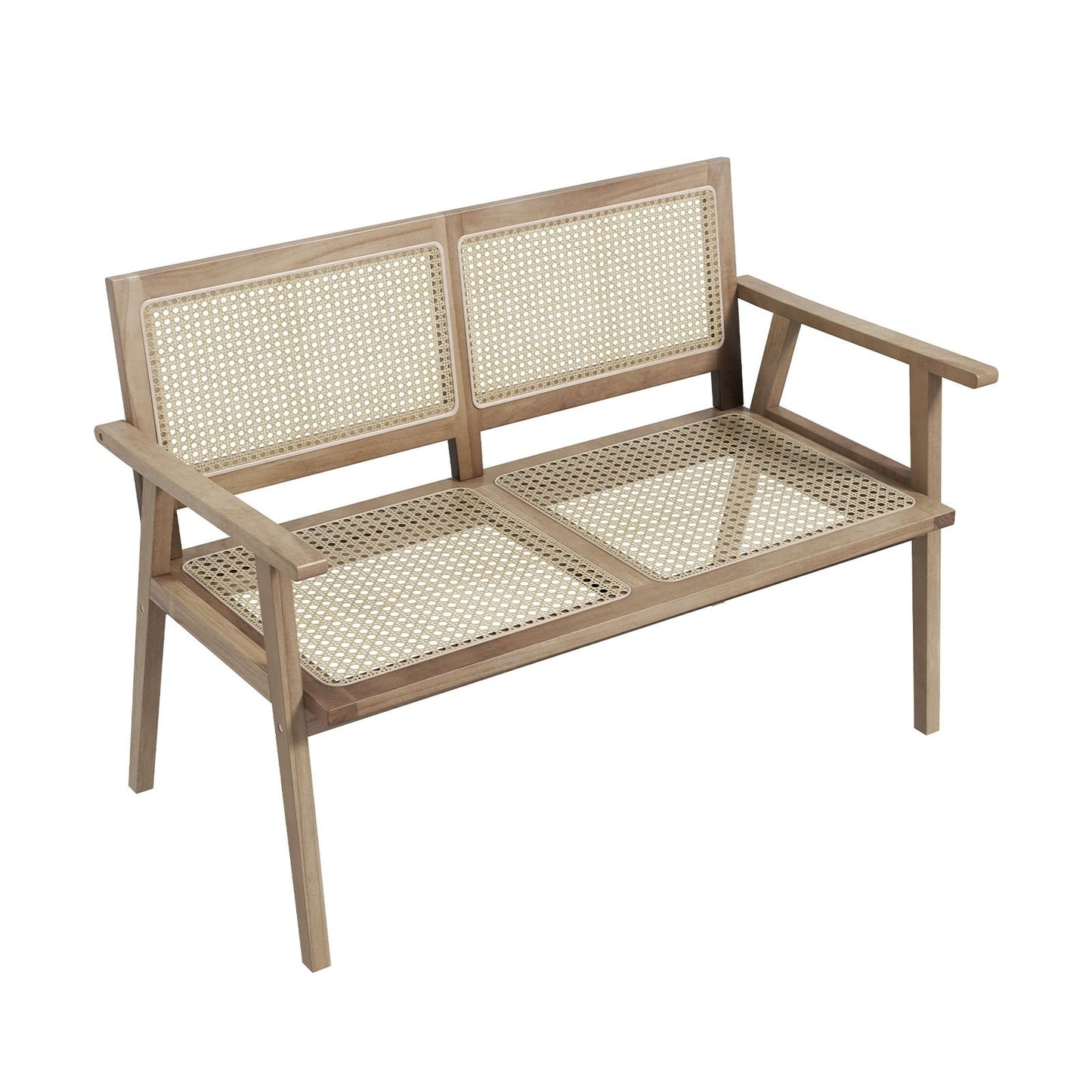 Indonesia Teak Wood Garden Bench with Armrests and Natural Rattan Backrest, Natural Outdoor Benches   at Gallery Canada