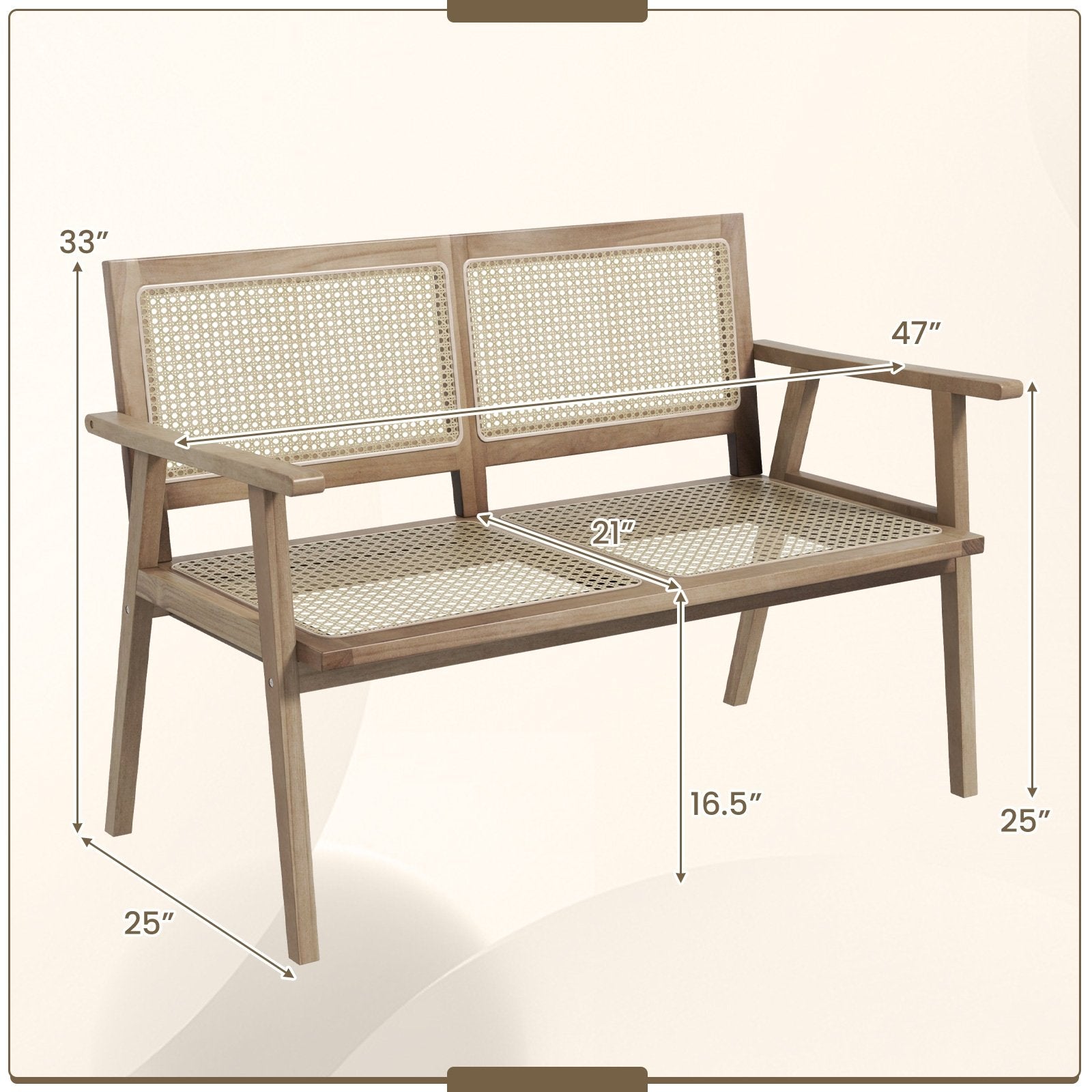 Indonesia Teak Wood Garden Bench with Armrests and Natural Rattan Backrest, Natural Outdoor Benches   at Gallery Canada