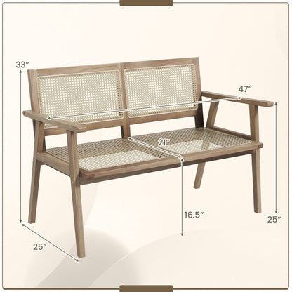 Indonesia Teak Wood Garden Bench with Armrests and Natural Rattan Backrest, Natural Outdoor Benches   at Gallery Canada