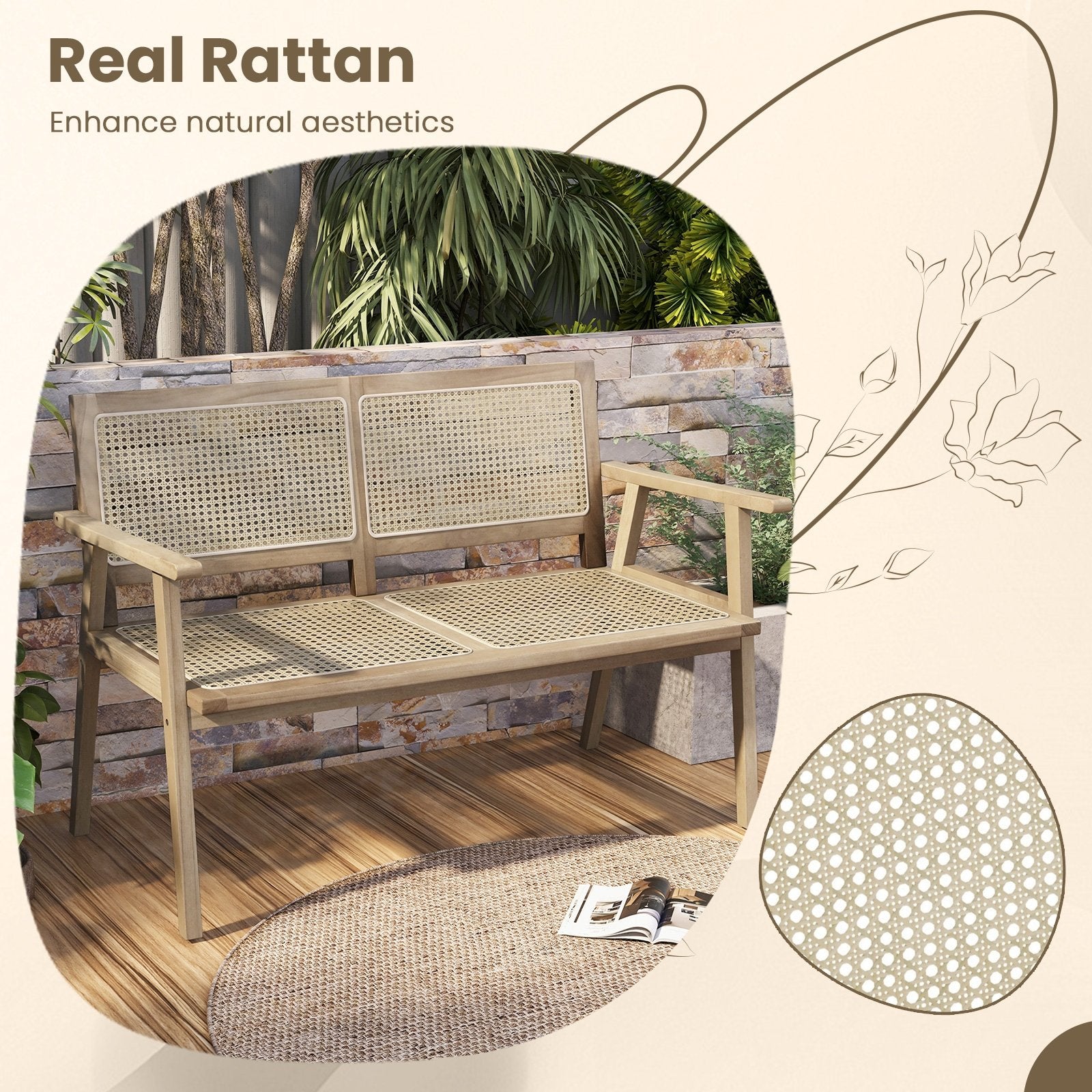 Indonesia Teak Wood Garden Bench with Armrests and Natural Rattan Backrest, Natural Outdoor Benches   at Gallery Canada