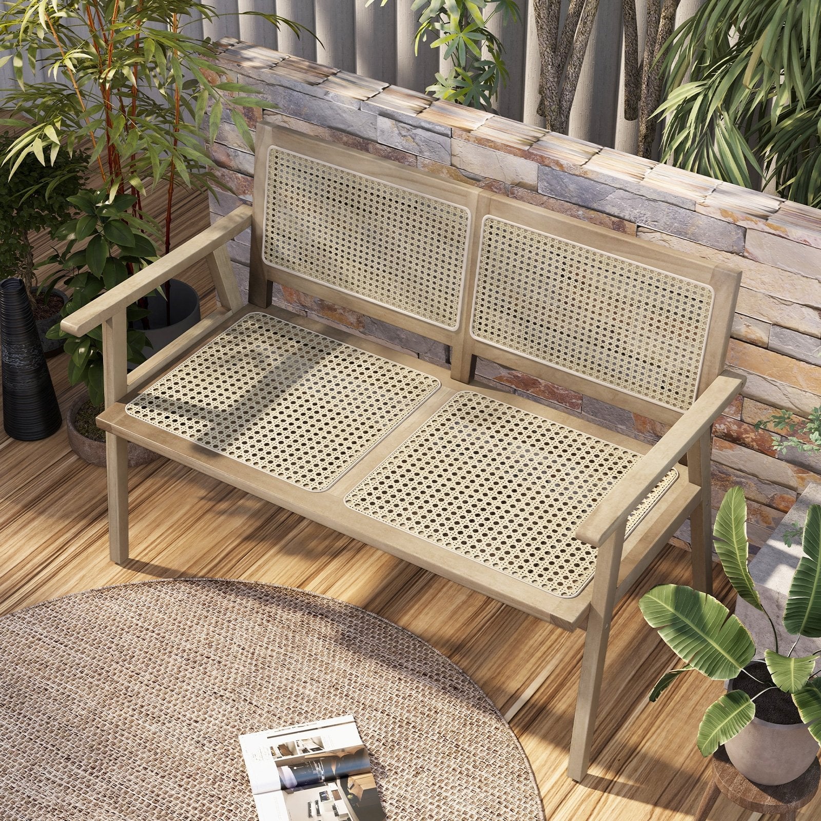 Indonesia Teak Wood Garden Bench with Armrests and Natural Rattan Backrest, Natural Outdoor Benches   at Gallery Canada