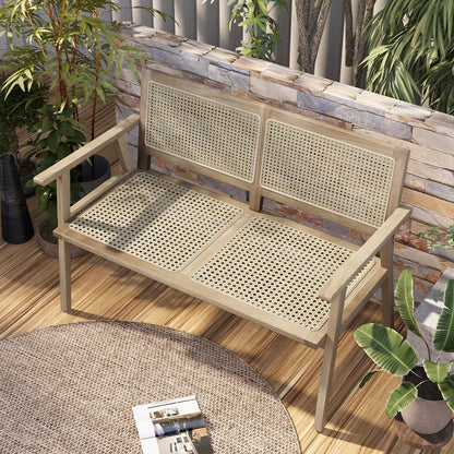 Indonesia Teak Wood Garden Bench with Armrests and Natural Rattan Backrest, Natural Outdoor Benches   at Gallery Canada