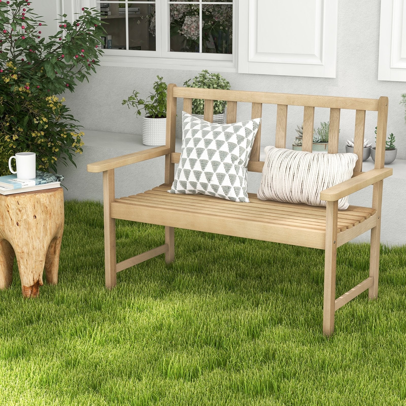 Outdoor Indonesia Teak Wood Garden Bench 2-Person with Backrest and Armrests, Natural Outdoor Benches   at Gallery Canada