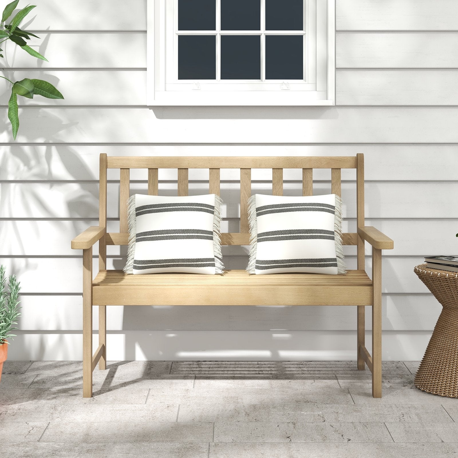 Outdoor Indonesia Teak Wood Garden Bench 2-Person with Backrest and Armrests, Natural Outdoor Benches   at Gallery Canada