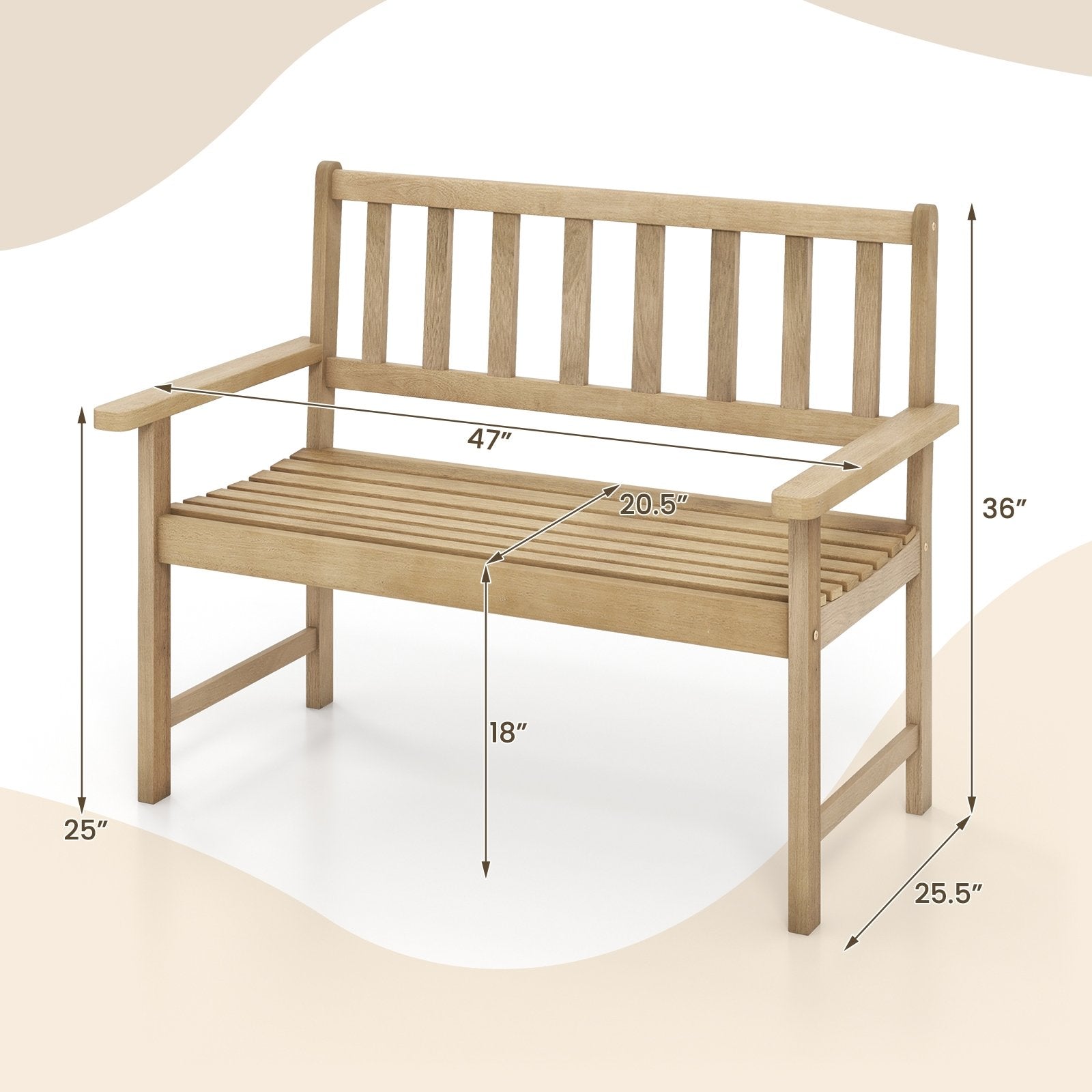 Outdoor Indonesia Teak Wood Garden Bench 2-Person with Backrest and Armrests, Natural Outdoor Benches   at Gallery Canada