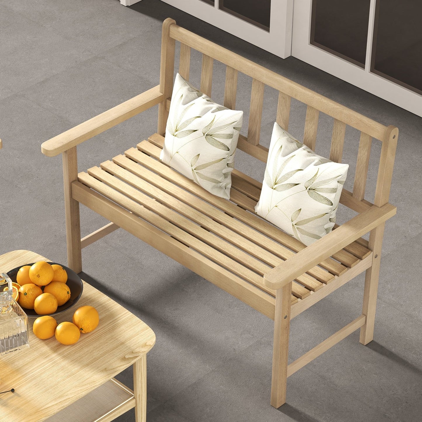 Outdoor Indonesia Teak Wood Garden Bench 2-Person with Backrest and Armrests, Natural Outdoor Benches   at Gallery Canada