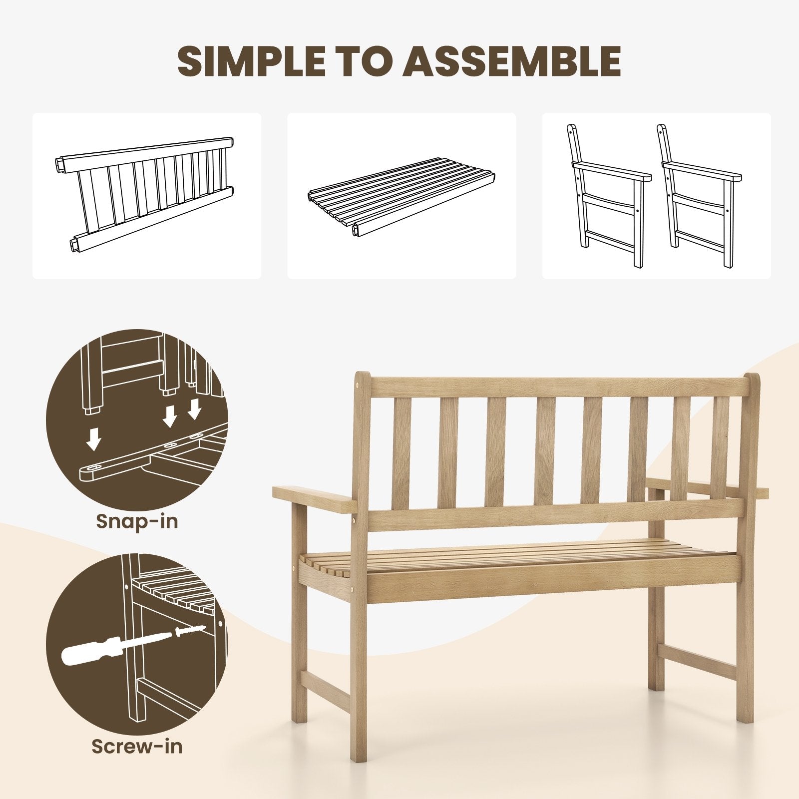 Outdoor Indonesia Teak Wood Garden Bench 2-Person with Backrest and Armrests, Natural Outdoor Benches   at Gallery Canada