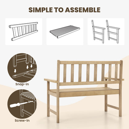 Outdoor Indonesia Teak Wood Garden Bench 2-Person with Backrest and Armrests, Natural Outdoor Benches   at Gallery Canada