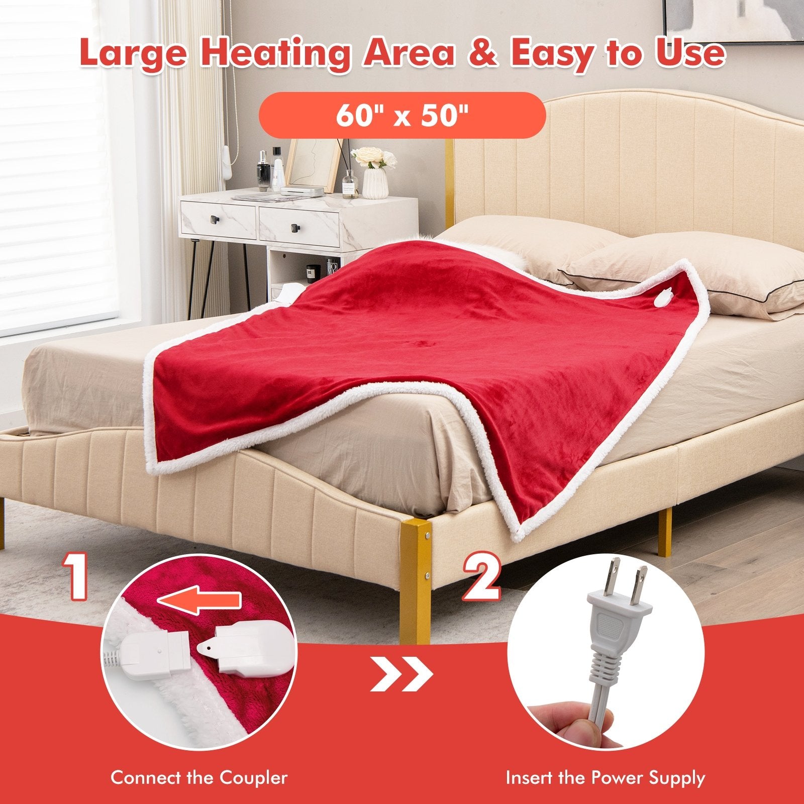 Electric Heated Blanket Throw Reversible Flannel and Sherpa Blanket, Red Bedding   at Gallery Canada