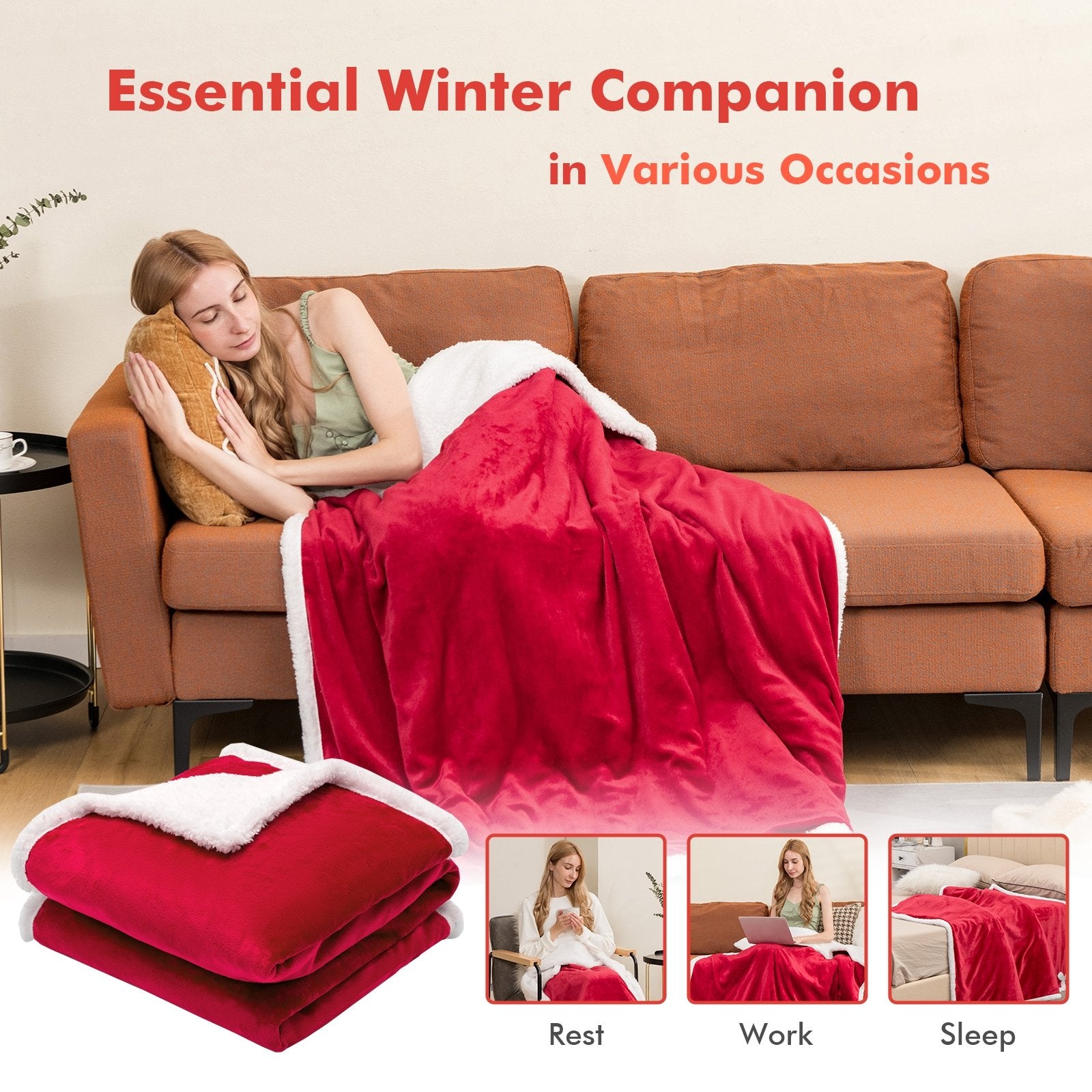 Electric Heated Blanket Throw Reversible Flannel and Sherpa Blanket, Red Bedding   at Gallery Canada