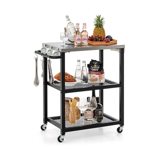 3-Tier Foldable Outdoor Stainless Steel Food Prepare Dining Cart Table on Wheels, Black - Gallery Canada