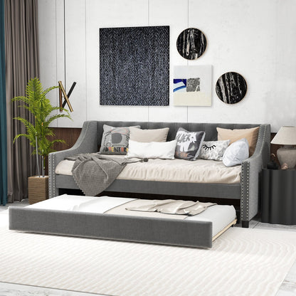 Twin Size Daybed with Trundle Sofa Bed with Curved Armrests and Backrest, Gray Trundle Bed Frame   at Gallery Canada