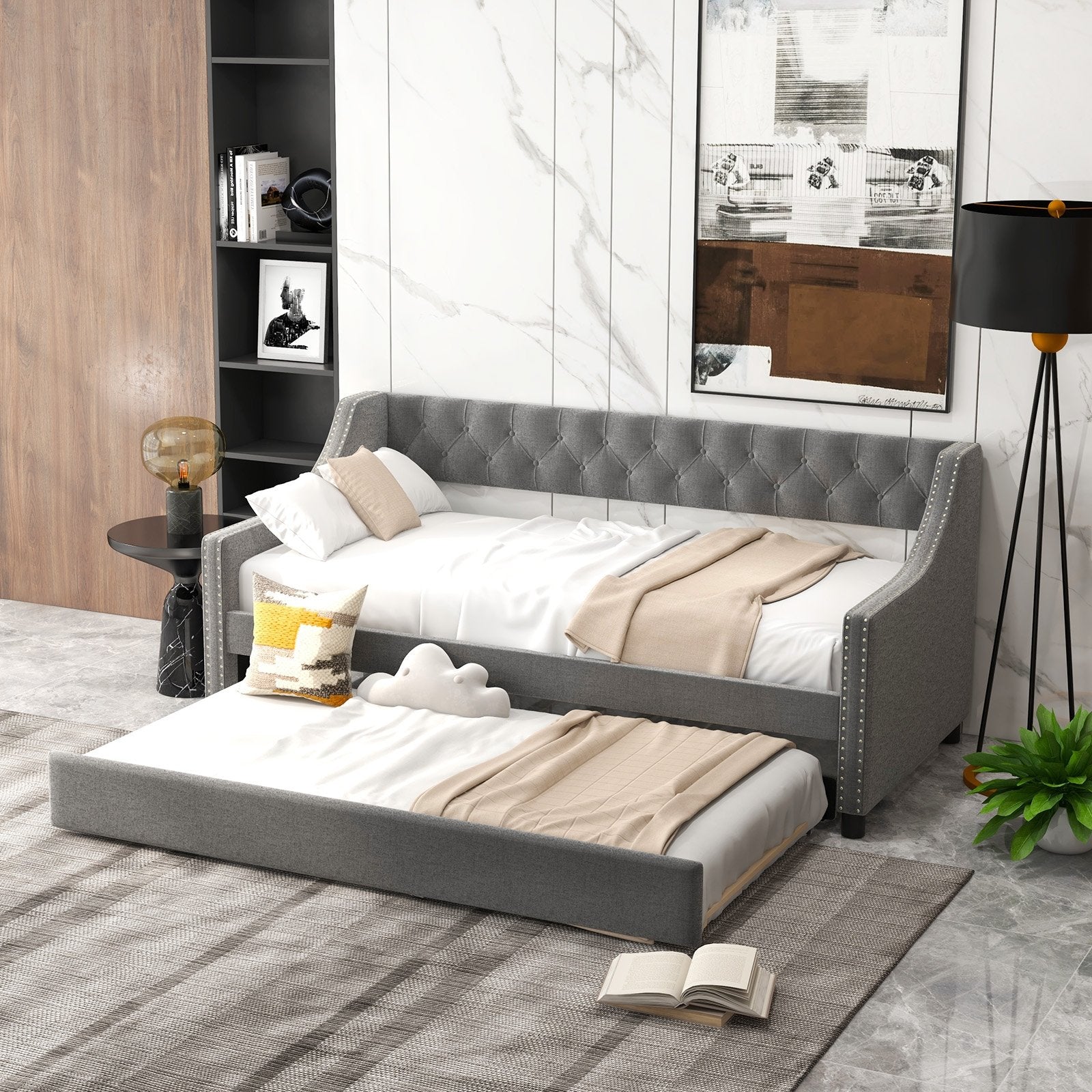 Twin Size Daybed with Trundle Sofa Bed with Curved Armrests and Backrest, Gray Trundle Bed Frame   at Gallery Canada