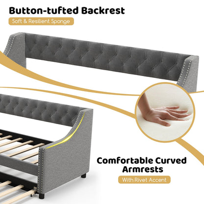 Twin Size Daybed with Trundle Sofa Bed with Curved Armrests and Backrest, Gray Trundle Bed Frame   at Gallery Canada