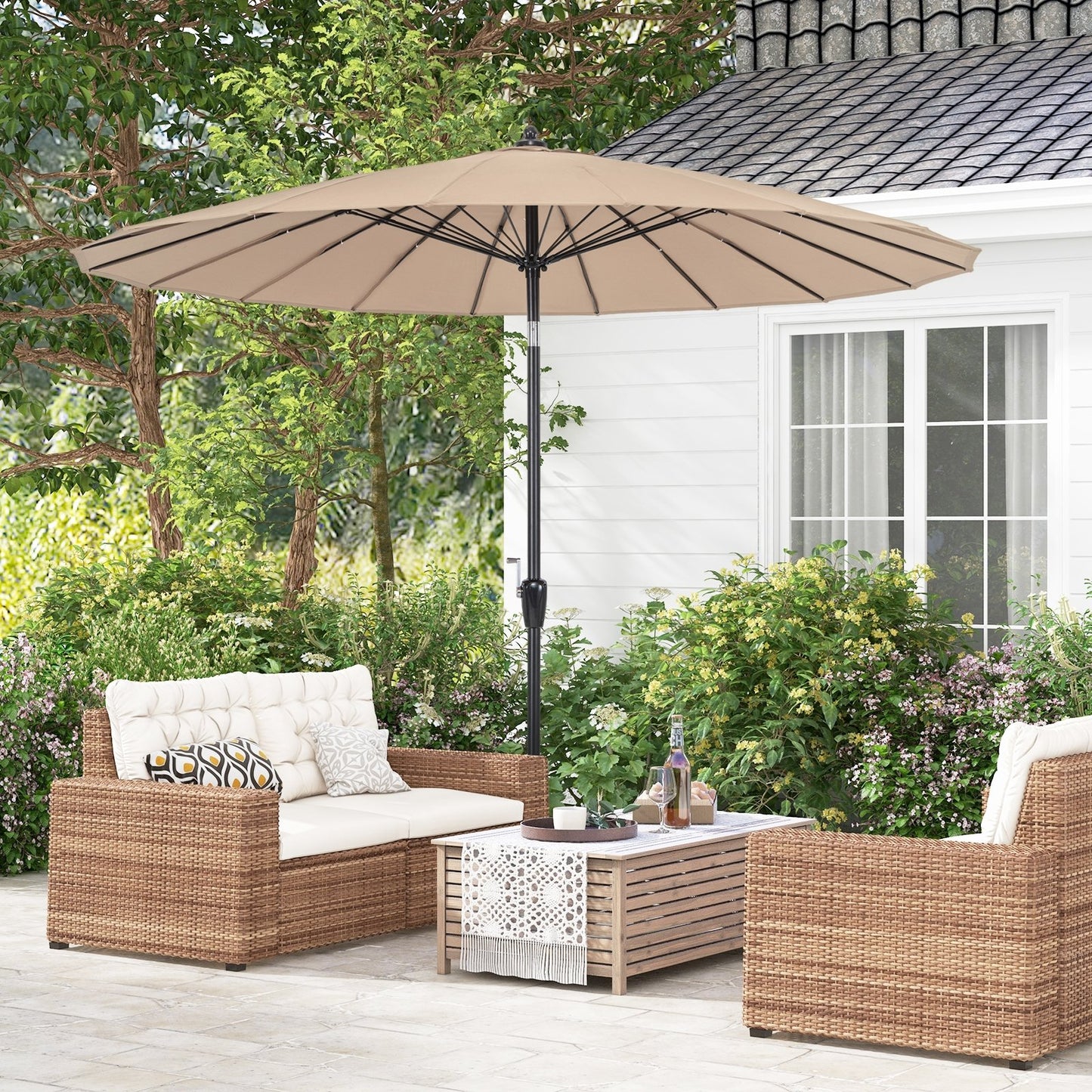 9 Feet Round Patio Umbrella with 18 Fiberglass Ribs, Tan Outdoor Umbrellas   at Gallery Canada