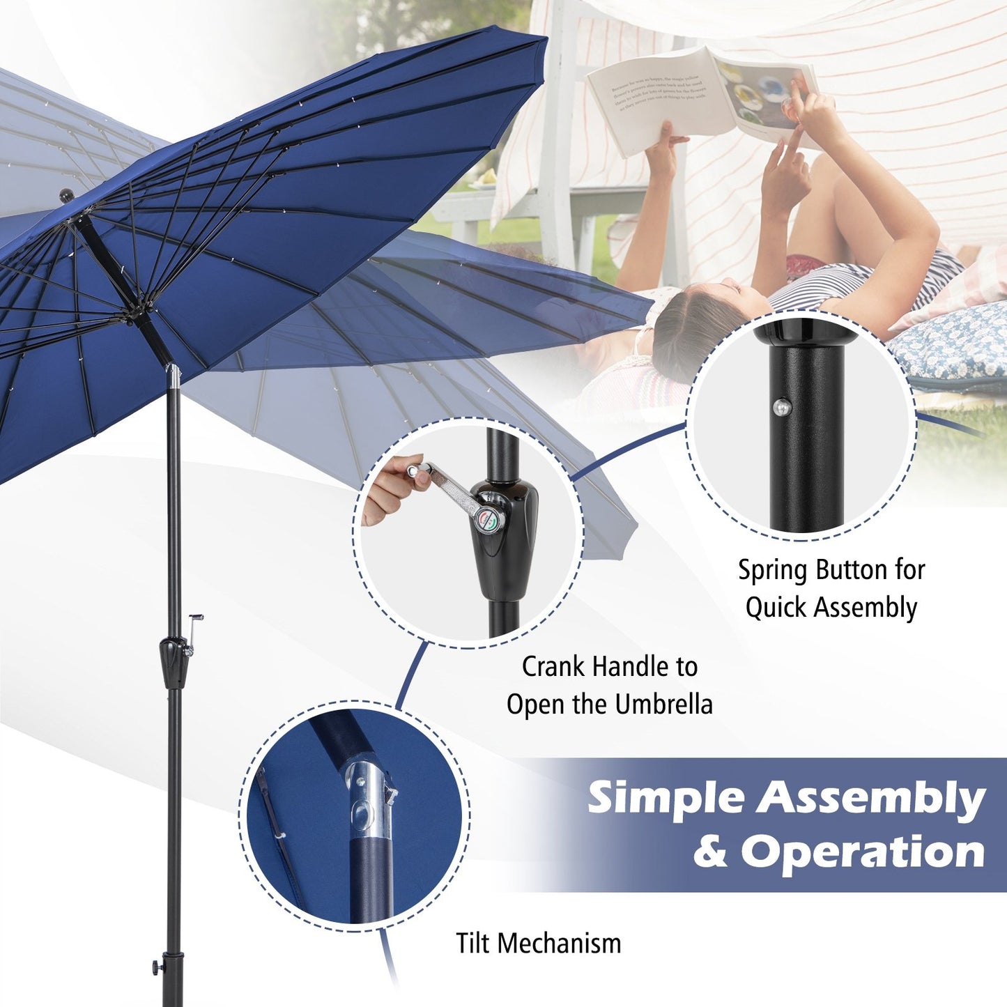 9 Feet Round Patio Umbrella with 18 Fiberglass Ribs, Navy Outdoor Umbrellas   at Gallery Canada