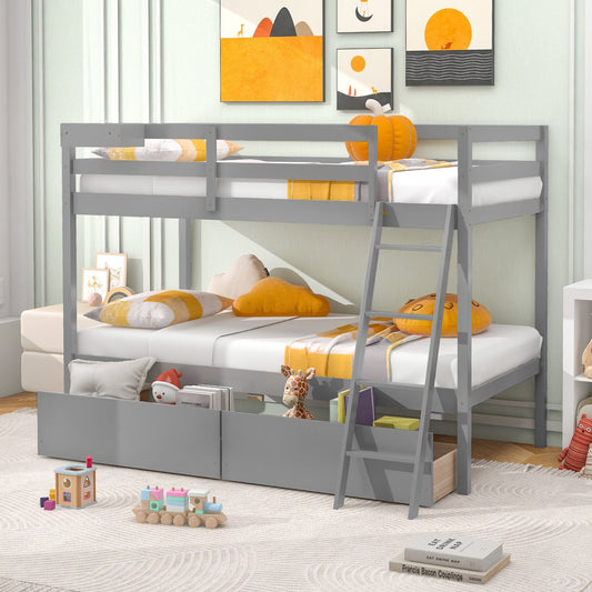 Twin Over Twin Bunk Bed Wood Bed Frame with 2 Storage Drawers and Ladder, Gray Bunk Bed Frame   at Gallery Canada