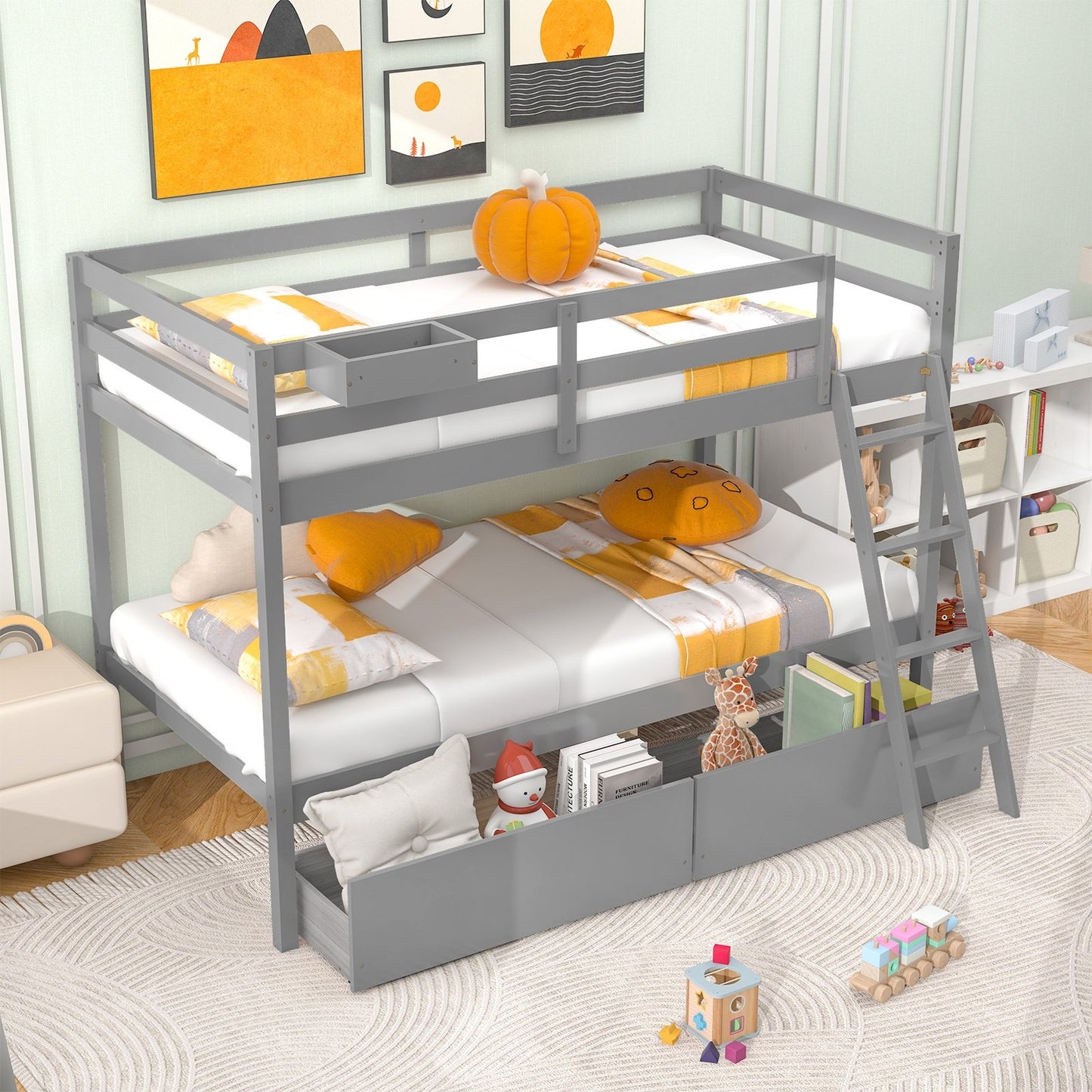 Twin Over Twin Bunk Bed Wood Bed Frame with 2 Storage Drawers and Ladder, Gray Bunk Bed Frame   at Gallery Canada