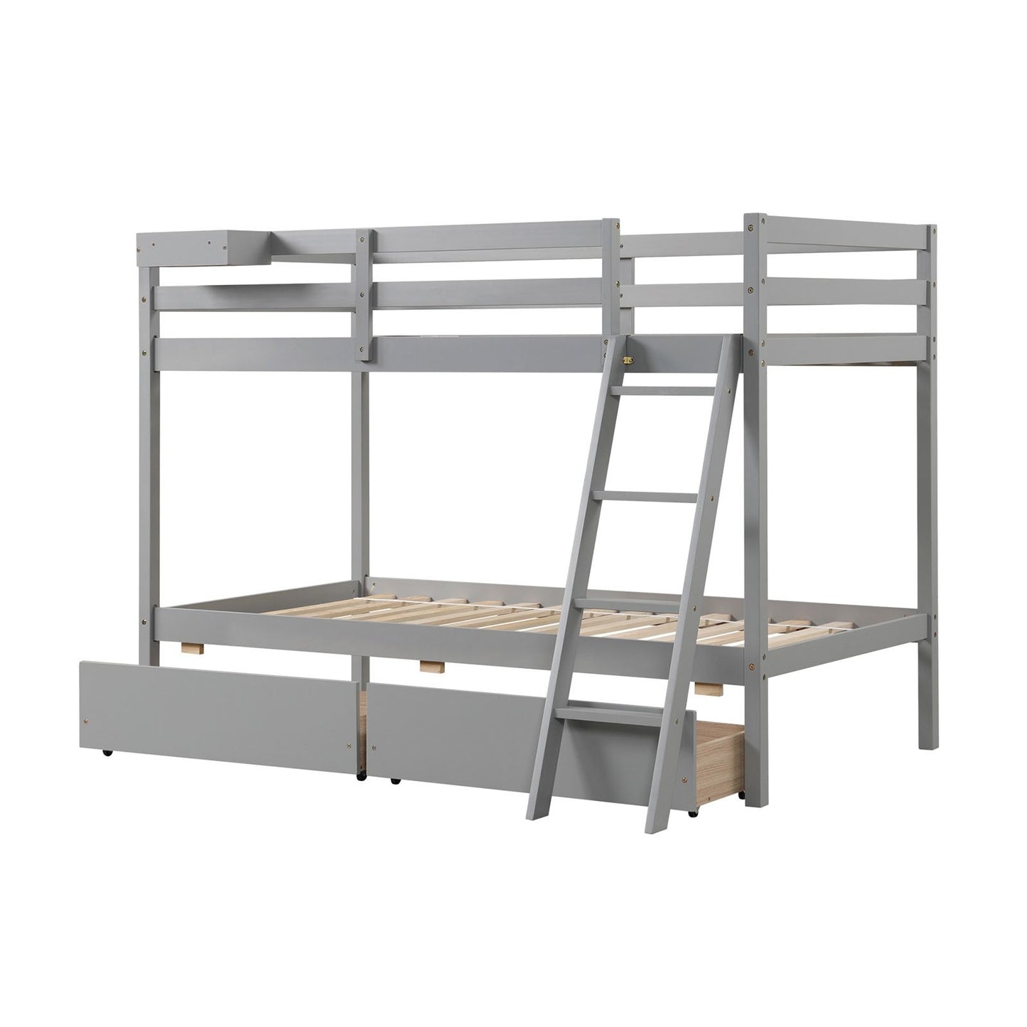 Twin Over Twin Bunk Bed Wood Bed Frame with 2 Storage Drawers and Ladder, Gray Bunk Bed Frame   at Gallery Canada